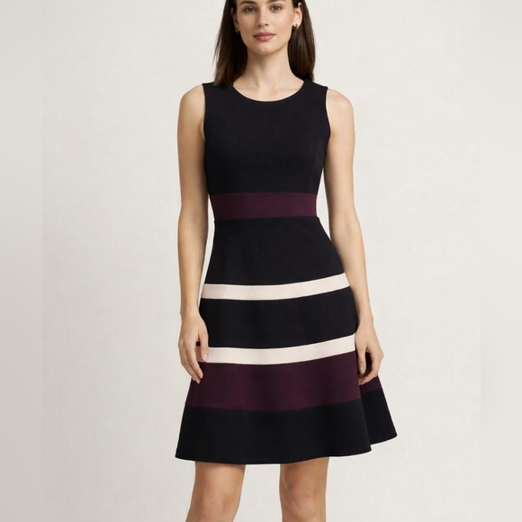 Tommy Hilfiger Navy Burgundy White Striped A-Line Dress | Sleeveless Fit & Flare - Picture 1 of 10